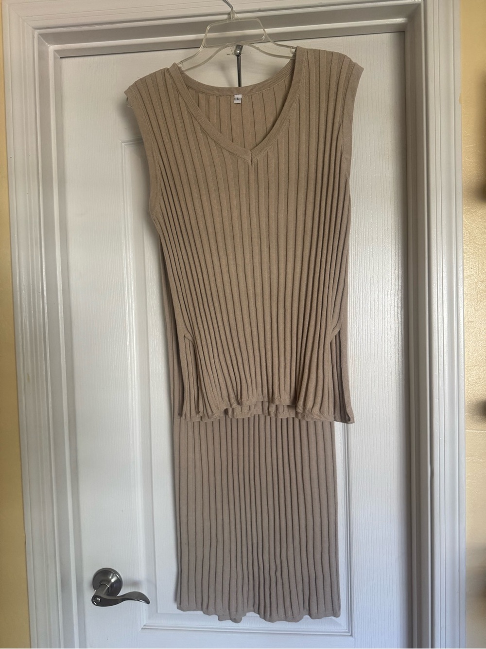 Beige Ribbed Sleeveless Knit top and skirt - 2 pc set
